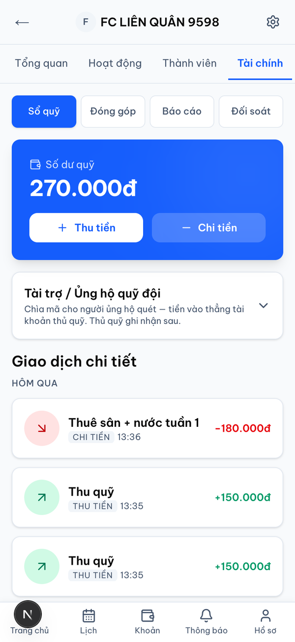 Sổ quỹ Minrot: số dư và các giao dịch thu chi