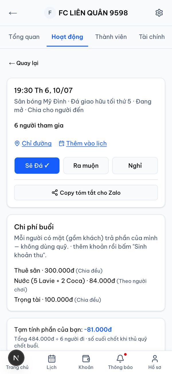 Chi phí buổi đá Minrot: từng khoản, cách chia và tạm tính mỗi người